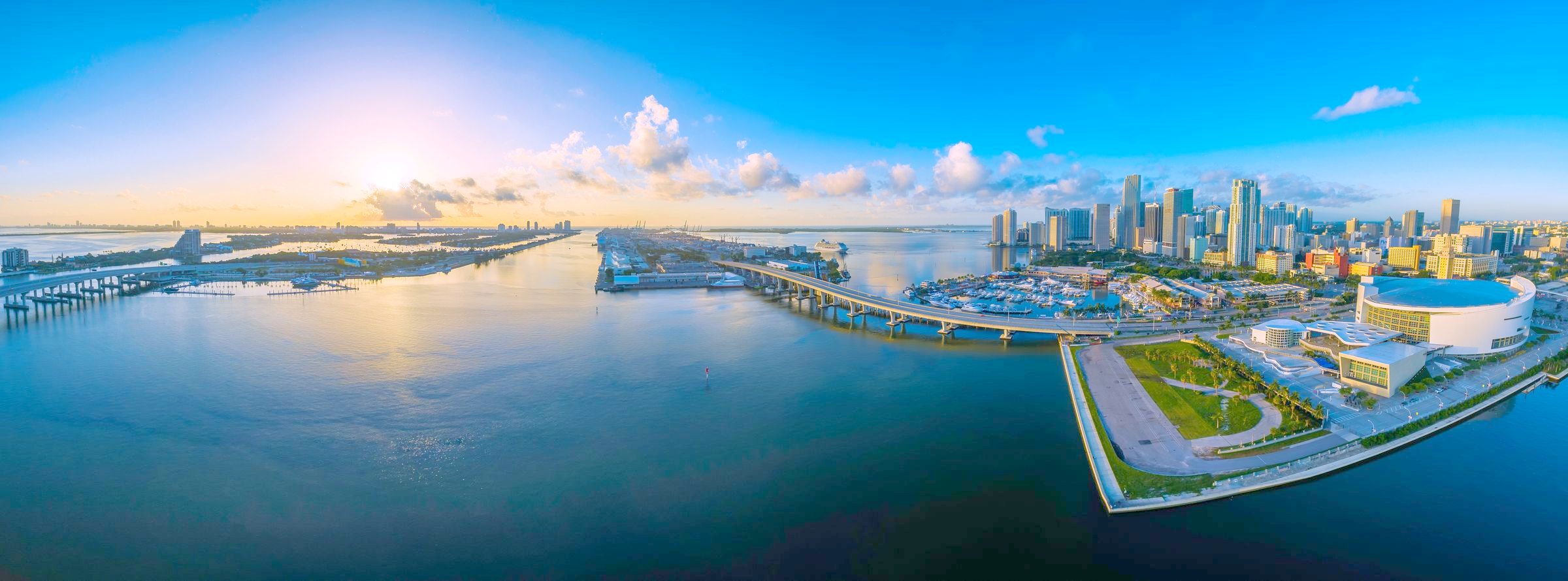Aerial view of downtown Miami and Biscayne Bay at sunrise